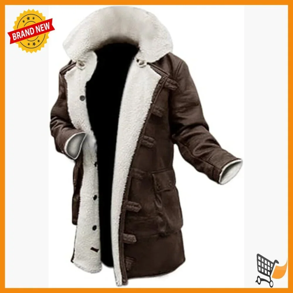 Men's Faux Leather Trench Coat with Faux Shearling Lining, Slim Fit